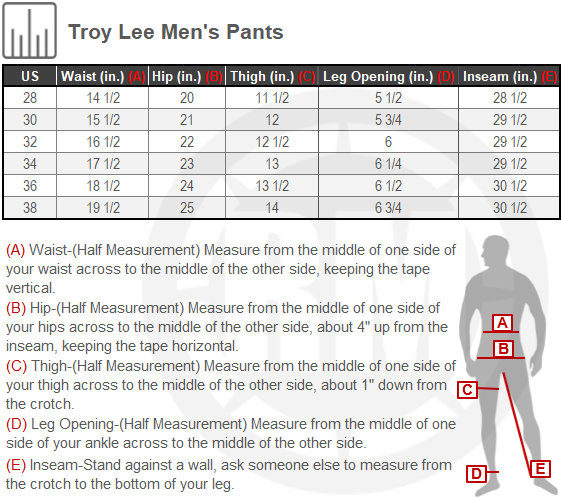 Size Chart For Mens Troy Lee GP Venom Pants