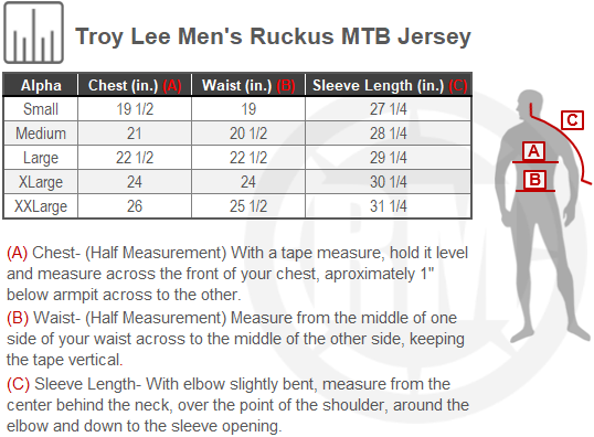Size Chart For Mens Troy Lee Ruckus ARC MTB Jersey