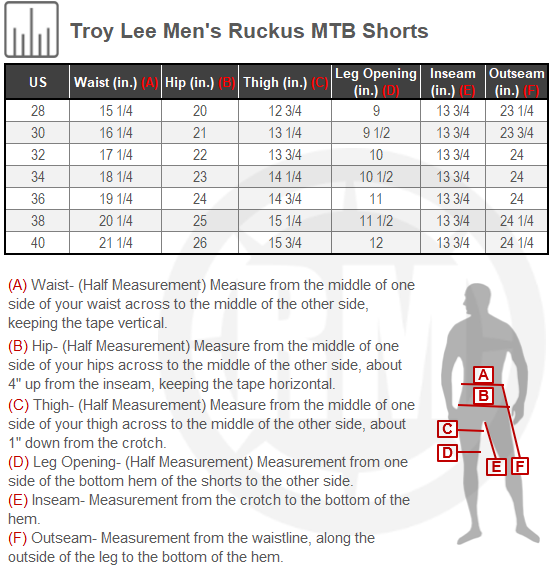 Size Chart For Mens Troy Lee Ruckus MTB Shorts
