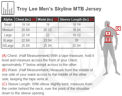Size Chart For Mens Troy Lee Skyline Air Channel MTB Jersey