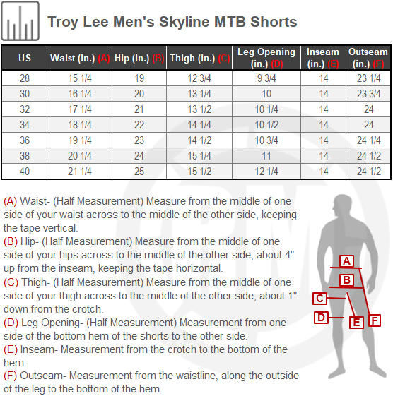 Size Chart For Mens Troy Lee Skyline MTB Shorts