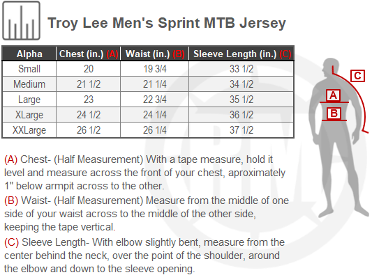 Size Chart For Mens Troy Lee Sprint Marker MTB Jersey