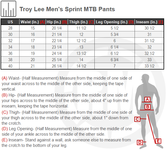 Size Chart For Mens Troy Lee Sprint MTB Pants