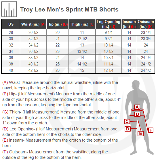 Size Chart For Mens Troy Lee Sprint MTB Shorts