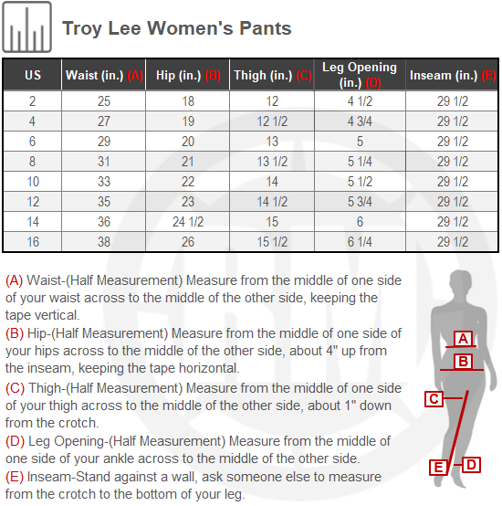 Size Chart For Womens Troy Lee GP Mono Pants 2021