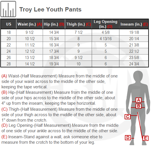 Size Chart For Youth Troy Lee GP Mono Pants