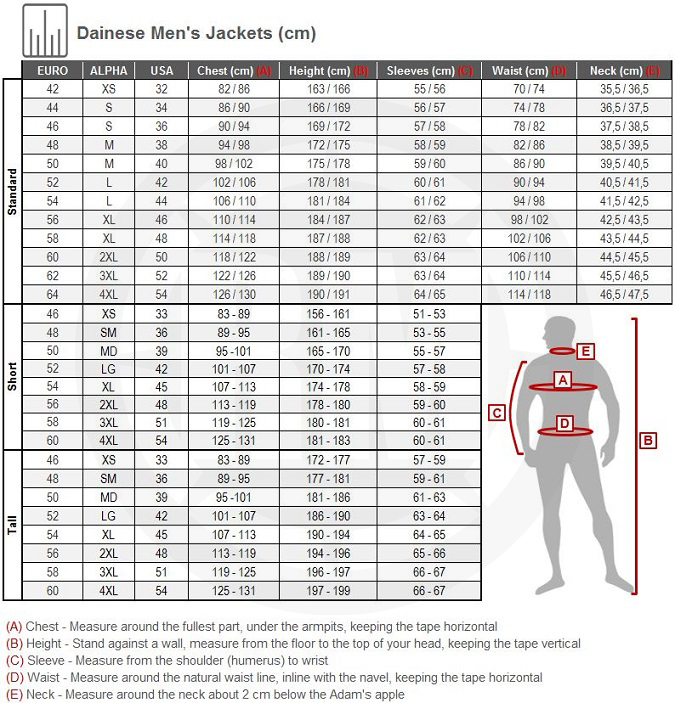 Dainese Tempest 2 D-Dry Jacket Size Chart