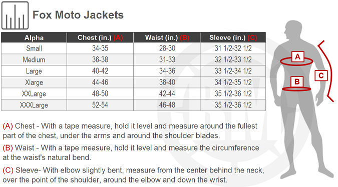 Fox Moto Jacket Size Chart