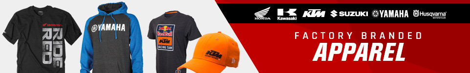 Factory Branded Apparel - Honda, Kawasaki, KTM, Suzuki, Yamaha, Husqvara logos